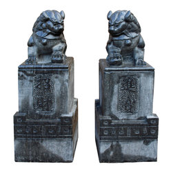 Chinese Pair Black Gray Stone Fengshui Pedestal Foo Dog Statues cs2394 - Garden Statues And Yard Art