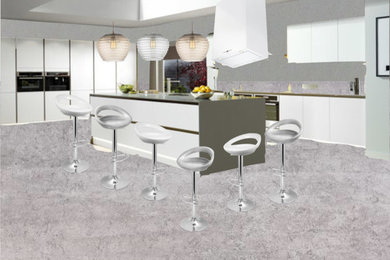 Inspiration for a large contemporary u-shaped kitchen with flat-panel cabinets, white cabinets, white appliances, ceramic flooring and an island.