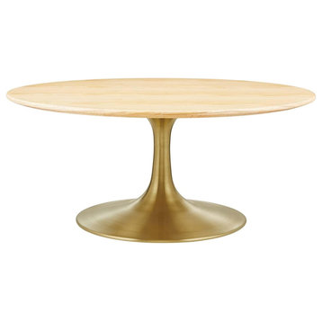Modern Retro Coffee Table, Golden Pedestal Base and Round MDF Top, Natural