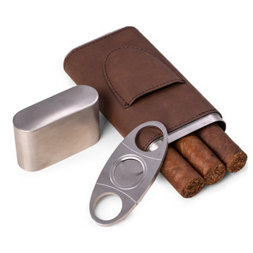 Brown Leather 3 Cigar Case, Cigar Cutter
