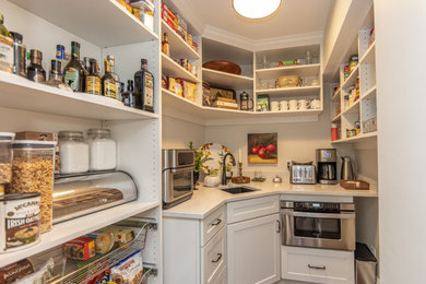 This is an example of a medium sized classic kitchen pantry in Atlanta with an integrated sink, flat-panel cabinets, white cabinets, engineered stone countertops, light hardwood flooring and white worktops.