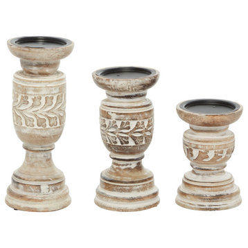 Country Cottage Beige Wood Candle Holder Set 78289