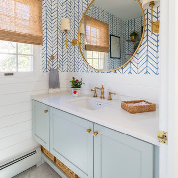 Beachy Powder Room with Wallpaper