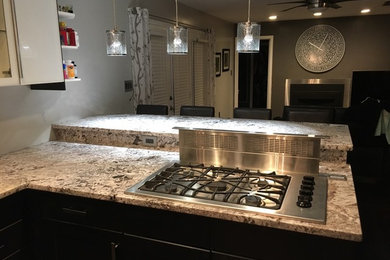 Inspiration for a mid-sized modern l-shaped dark wood floor open concept kitchen remodel in DC Metro with shaker cabinets, black cabinets, granite countertops, stainless steel appliances and a double-bowl sink