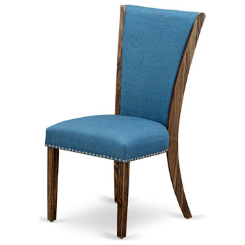 Set of 2 Dining Chair, Padded Linen Seat With Curved Back and Nailhead, Blue