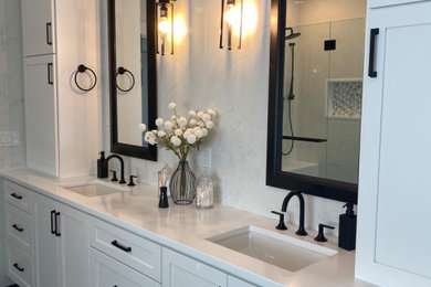Mid-sized trendy master white tile and porcelain tile porcelain tile, black floor and double-sink bathroom photo in Portland with shaker cabinets, white cabinets, white walls, an undermount sink, quartz countertops, white countertops and a built-in vanity