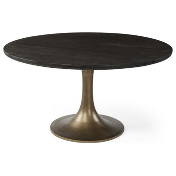 HomeRoots 54" Round Brown Solid Wood Top With Gold Metal Base Dining Table