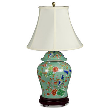 Light Teal Green Flower and Bird Motif Asian Porcelain Lamp