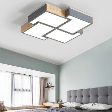 Modern Square LED Flush Mount Ceiling Light Wood and Metal Acrylic