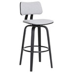 Armen Living - Pico 26" Swivel Black Wood Counter Stool, Light Gray Fabric With Black Metal, 26 - Update your casual meals and cocktail hours with the modern charm and elegance of our Pico Upholstered Swivel Bar or Counter Stool. With bentwood construction, our bar stool features a beautifully curved seat and back, embracing your body with comfort. It is complemented with sculptural bentwood legs to bring signature modern style to your bar or high dining table. Completed with a footrest and upholstered seat, the counter stool promises a comfortable stay. It is upholstered in your choice of faux leather or high-performance fabric to provide easy care and maintenance, best suited to your home. This modern barstool includes a versatile design to complement a kitchen island, pub table, home bar, or adjustable desk. With durable construction, it can be used anywhere from a kitchen to a home office to serve you for years to come. Our counter stool comes with a wonderful 360-degree swivel function. Its smooth gliding system allows you to turn with ease and enjoy your conversation, meals, and cocktail hours to the fullest. The Pico swivel bar or counter stool easily incorporates into any home and is available in your choice of 26-inch or 30-inch seat height. The Pico bar or counter stool is available in your choice of a walnut wood finish with gray, cream, or brown faux leather upholstery and chrome footrest, or a black wood finish with gray faux leather or light gray fabric upholstery and black footrest.