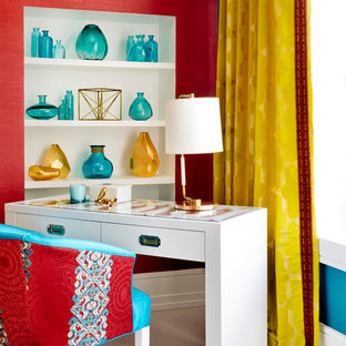 Medium sized modern home office and library in Vancouver with pink walls, vinyl flooring, no fireplace and a freestanding desk.