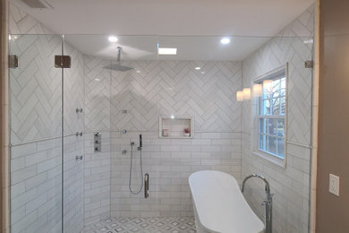 Example of a large minimalist master white tile and subway tile mosaic tile floor, white floor and vaulted ceiling wet room design in Louisville with brown walls, a hinged shower door and a niche