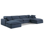 Meridian Furniture - Comfy Upholstered U-Shaped Modular Sectional, Navy, 6-Piece: 2 Armless Chair, 2 Corner Chair, 2 Ottoman, Linen Textured Fabric - Give your space a whole new look with this navy Comfy linen textured fabric sectional. This handsome sectional fits nicely with other items in the Comfy collection and is a versatile seating option designed for adaptability, comfort and style. Wrapped in rich navy durable linen textured fabric upholstery, this sectional offers a plush embrace of overstuffed down feather cushions, carefully crafted to deliver the highest level of comfort. The perfect seat for creating an oasis for relaxation, this sectional has thick foam surrounding its frame for added support and coziness.