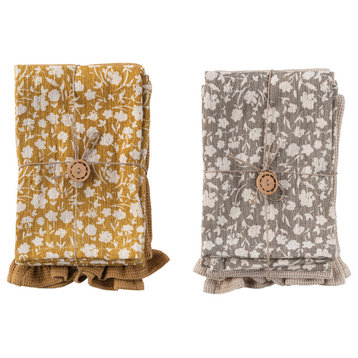 Cotton Tea Towel, Beautiful Flower Prints, Yellow, Grey, Set of 2