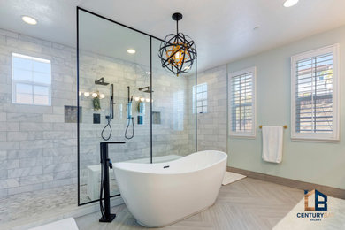 Example of a minimalist master multicolored tile and marble tile porcelain tile and double-sink bathroom design in San Francisco with raised-panel cabinets, dark wood cabinets, an undermount sink, white countertops and a built-in vanity