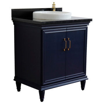 31" Single Vanity, Blue Finish With Black Galaxy And Round Sink