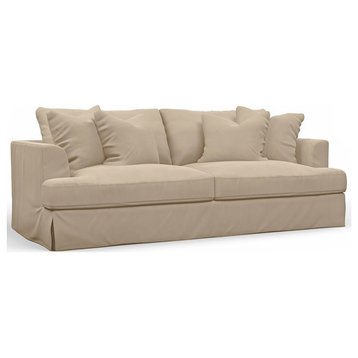 Sunset Trading Newport 94" Fabric Slipcovered Recessed Fin Arm Sofa in Tan