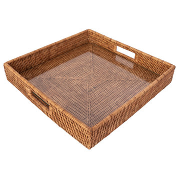 Square Serving Ottoman Trays with Glass Insert, Honey Brown, 16"x 16"x 3
