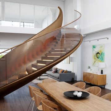 Helical designer staircase with 3D shaped underside