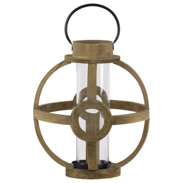 Round Lantern With Handle and Hurricane Candle Holder, Natural Brown