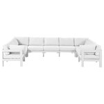 Meridian Furniture - Nizuc Water Resistant Patio U-Shaped Modular Sectional, White, 9-Piece: 5 Armless Chair, 4 Corner Chair, White Aluminum Frame - Pick and choose your favorites from the Nizuc collection to create a modular seating group the whole gang will enjoy. The sturdy aluminum frame provides dependable support for friends and family as they relax and unwind, and the resilient white water resistant fabric stands up to the elements without losing its beautiful demeanor, so you can count on it lasting for the long haul. Latches beneath these seating pieces help you easily attach them to one another for convenient setup.