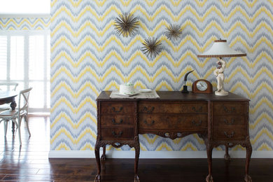 Living room - small transitional medium tone wood floor living room idea in Los Angeles with white walls and no tv