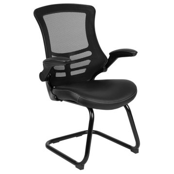 Black Mesh Sled Base Side Reception Chair with White Stitched LeatherSoft...