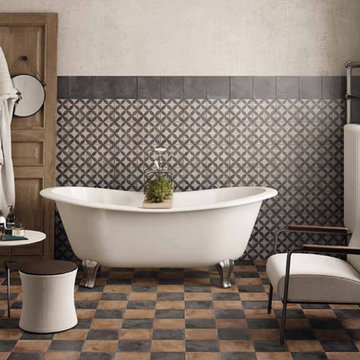 Traditional bathroom with patterned walls and floor