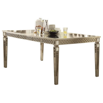 Modern Dining Table, Elegant Design With Tapered Legs & Glass Top, Champagne