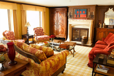 Living room - mid-sized traditional formal and enclosed dark wood floor and multicolored floor living room idea in Denver with beige walls, a standard fireplace, a wood fireplace surround and no tv