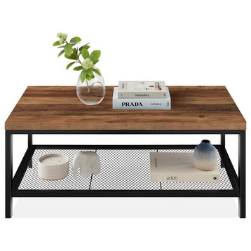 44in Modern Coffee Table, Large 2-Tier Industrial Rectangular Wood Grain Top