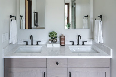 Mid-sized double-sink sauna photo in Chicago with shaker cabinets, gray cabinets, an undermount sink, quartz countertops, white countertops and a floating vanity
