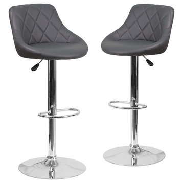 2 Pack Bar Stool, Bucket Vinyl Seat and Diamond Patterned Stitched Back, Grey