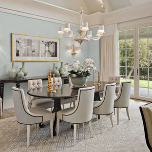 プロビデンスの広いトランジショナルスタイルのLDKの画像 (青い壁、淡色無垢フローリング、暖炉なし、ベージュの床)