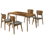 Armen Living - Kalia 5-Piece Wood Dining Set, Walnut Finish With Charcoal Fabric - The Kalia 5-piece Wood Dining Set from Armen Living will enhance any dining space. The dining table features softly curved edges to maintain a modern and inviting edge in any room. Included in this dining table set is 1 dining table and 4 dining chairs. The tabletop is enlivened with natural grains of wood that are juxtaposed at an angle to bring rich character. Inspired by mid-century modern design, the dining chairs embrace a soft and inviting profile. They feature a gracefully curved and contoured back that lends sturdy back support. Complemented with beautifully curved and angled legs, the chairs vouch for a sculptural and charming presence. They feature a generously padded seat to provide the perfect combo of style and comfort. This dining set is crafted in a combination of engineered and rubberwood to provide durability and easy maintenance for your daily meals and formal dinners. This dining set is available in your choice of a walnut wood finish with charcoal, blue, or orange fabric upholstery or a gray finish with gray fabric upholstery.