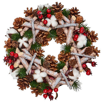 Artifical Birch Log Wreath With Pine Cones, Cotton and Berries, 12"