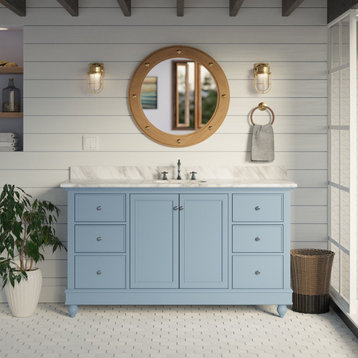 Bella 60" Bathroom Vanity, Powder Blue, Carrara Marble, Single Vanity