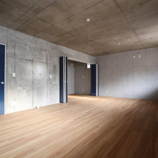 Imagen de sótano con puerta moderno, grande, con paredes grises, suelo de contrachapado y suelo beige