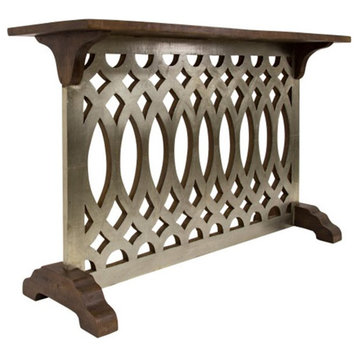 Industrial Console Table, Intricate Patterned Base & Slim Top, Antique Silver
