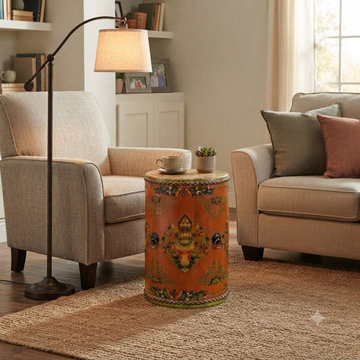 Distressed Light Orange Tibetan Style Jewel Symbol Round Drum Table GB700