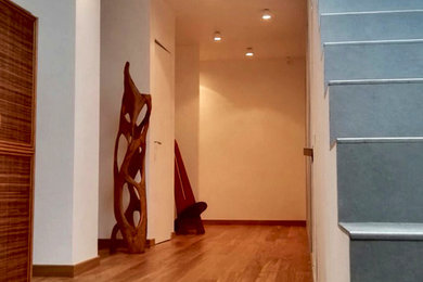 Esempio di un grande ingresso o corridoio contemporaneo con pavimento in legno verniciato e pareti bianche