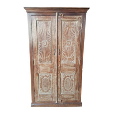 Consigned Antique Large Armoire Teak Carved Armoire Chakra Sunrays Cabinet 74x43