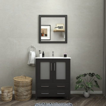 Single Vanity Set With Ceramic Top, 30", Espresso, Led Touch-Switch Mirror