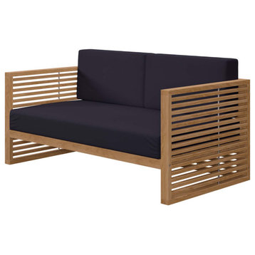 Lounge Loveseat Sofa, Blue Navy Natural, Teak Wood, Modern, Outdoor Hospitality