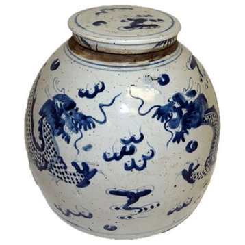 Vintage Style Blue and White Porcelain Lidded Ginger Jar Dragon Motif 11"