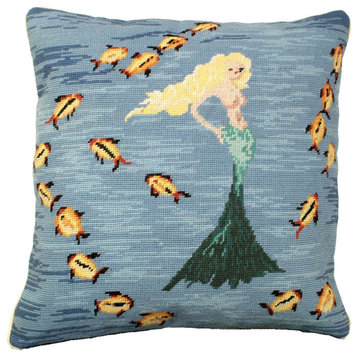 Throw Pillow Needlepoint Mermaid 18x18 Deep Blue Cotton Velvet Back