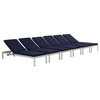 Shore Chaise With Cushions Outdoor Aluminum, Set of 6, Silver Navy
