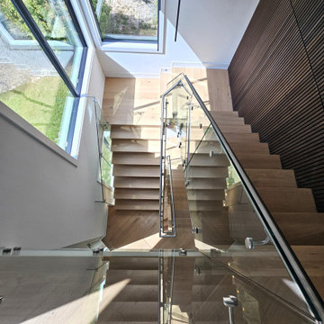 Project #129 | Modern White Oak Staircase with Slanted Risers