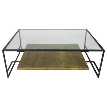 Milan Cooper Cocktail Table, Glass Top and Bronze Metal Cladded Shelf on Iron