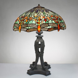 The Secret Garden (TSG 1895 USA) - 22-inch Dancing Red Dragonflies (Green) Gemstone Tiffany-Style Table Lamp. - Table Lamps